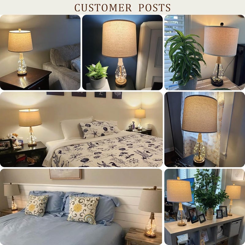OYEARS 23" Table Lamps for Living Room Set of 2 Bedside Lamps for Night Stands Bedroom Lamps Farmhouse Rattan Boho Lamp Glass Nightlight End Table Lamp with USB C+A (White),Two Light Points - Image 5